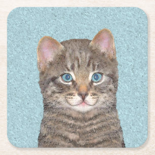 Dessous-de-verre Carré En Papier Tabby Gris Peinture Chat - Cute Original Art Chat