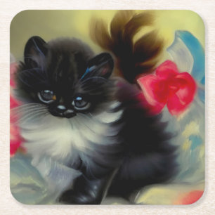 Dessous-de-verre Carré En Papier Tableau vintage de chaton noir et blanc