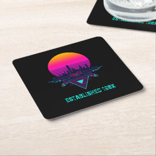 Dessous-de-verre Carré En Papier Tapis de bureau néon de ville synthwave rétro 80s