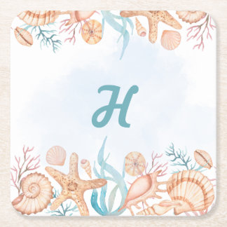 Dessous-de-verre Carré En Papier Tapis de verre Lettre Monogramme H Coquillages Côt