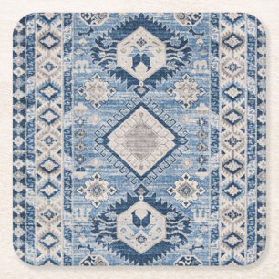 Dessous-de-verre Carré En Papier Tapis Kilim Bleu Antique Oriental