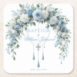 Dessous-de-verre Carré En Papier Tasse Baptême Rose Bleue & Croix Argentée