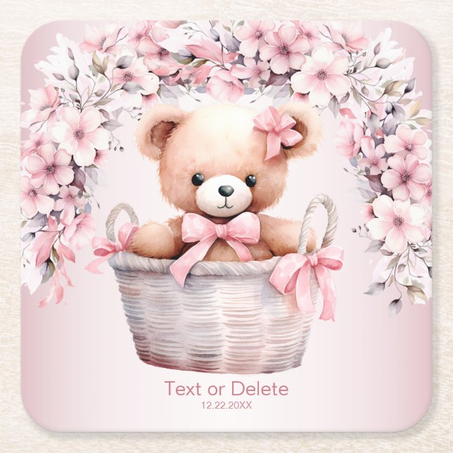 Dessous-de-verre Carré En Papier Teddy Bear Baby Girl Fleurs roses Soirée Élégante (Devant)