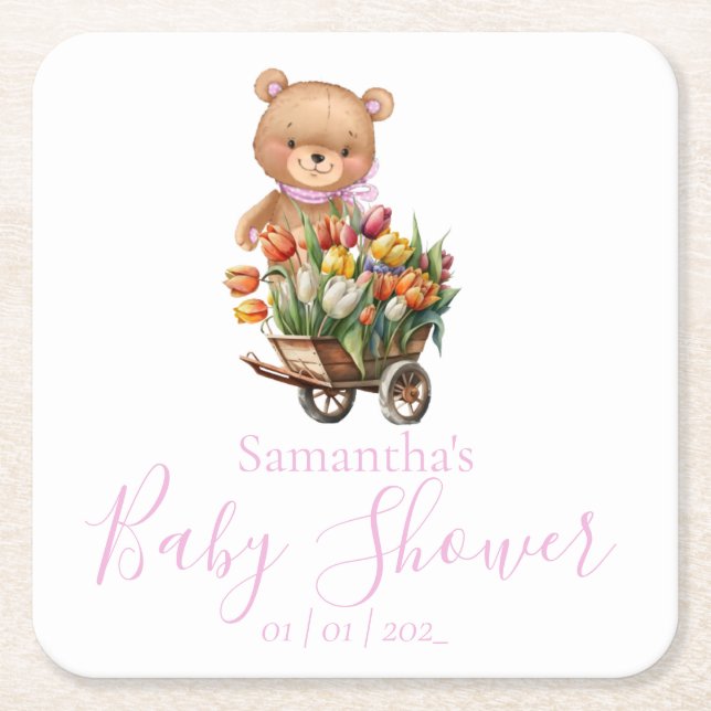 Dessous-de-verre Carré En Papier Teddy Bear Baby shower rose rustique fleuri (Devant)