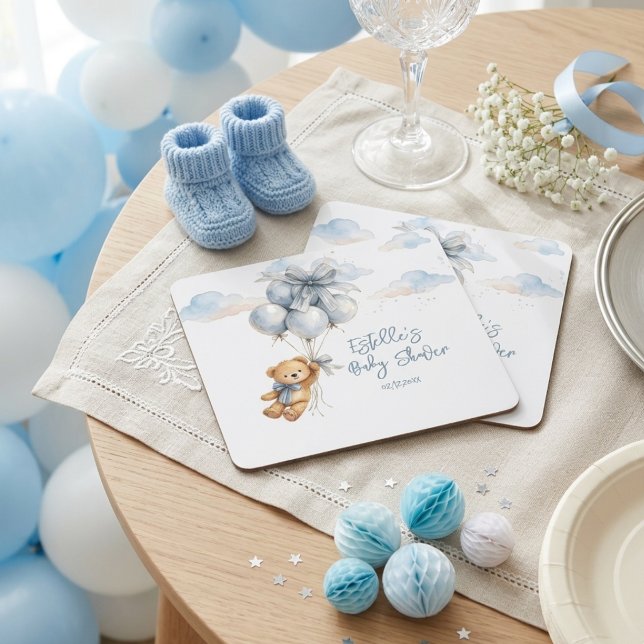 Dessous-de-verre Carré En Papier Teddy Bear Blue Bow Balloons Clouds Baby Boy (Créateur téléchargé)