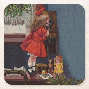 Dessous-de-verre Carré En Papier Téléphone Antique de Petite Fille de Noël