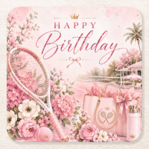 Dessous-de-verre Carré En Papier Tennis Rose Joyeux Anniversaire Aquarelle Florale