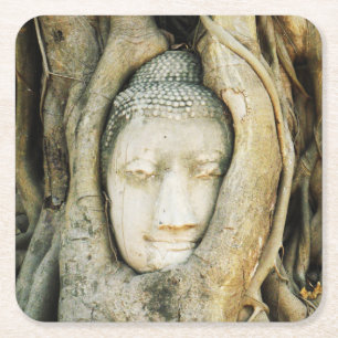 Dessous-de-verre Carré En Papier Tête de Bouddha dans le Fig Tree .. Ayutthaya, Tha