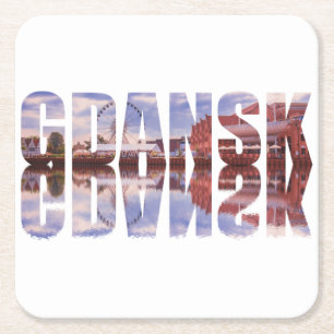 Dessous-de-verre Carré En Papier Texte de Gdansk avec vue sur la vieille ville avec