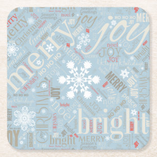 Dessous-de-verre Carré En Papier Texte de Noël et Motif de flocon de neige Blue ID2