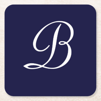 Dessous-de-verre Carré En Papier Texte du script B Monogramme bleu marine et blanc