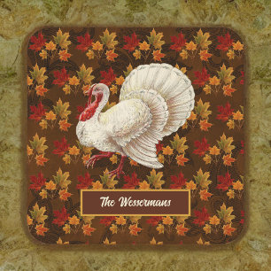 Dessous-de-verre Carré En Papier Thanksgiving Blanc Turquie automne quitte Monogram