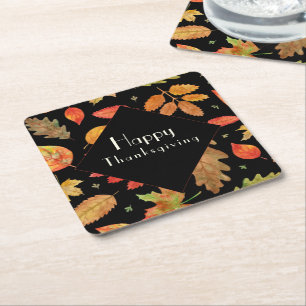 Dessous-de-verre Carré En Papier Thanksgiving Colorful Fall Leaves Black Arrière - 
