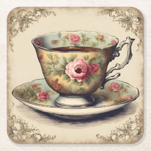 Dessous-de-verre Carré En Papier Thé dansant de mariage floral à la tasse vintage