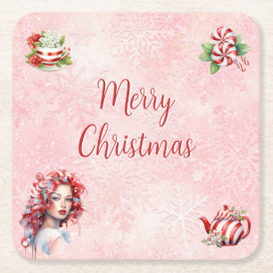 Dessous-de-verre Carré En Papier Thé de Noël à la menthe poivrée Fête Rose Flocon d