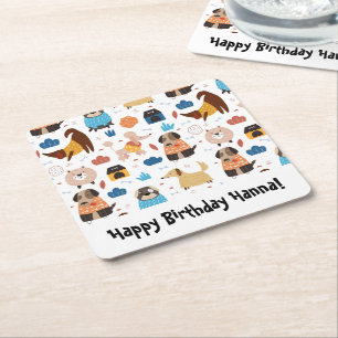 Dessous-de-verre Carré En Papier Thème d'anniversaire du chien de caricature mignon