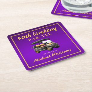 Dessous-de-verre Carré En Papier Thème de golf élégant Chariot Violet Or 50e Annive