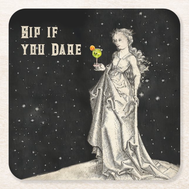 Dessous-de-verre Carré En Papier Thème de sorcière halloween Party Cocktail Menu (Devant)