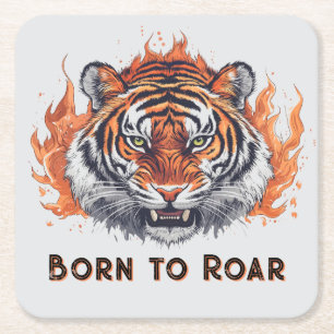 Dessous-de-verre Carré En Papier Tigre à flammes - Texte personnalisable