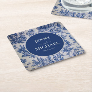 Dessous-de-verre Carré En Papier Toile de Jouy Bleu Blanc Elégant Mariage