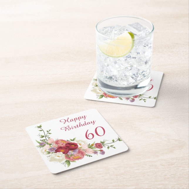 Dessous-de-verre Carré En Papier Tons de rose blanc Peony Flower Joyeux anniversair (En situation)