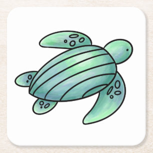Dessous-de-verre Carré En Papier tortue de mer peinte à l'aquarelle dessin animé bl