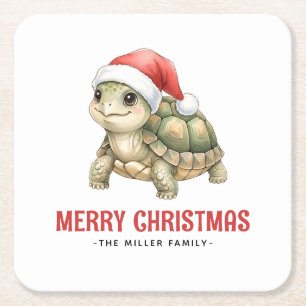 Dessous-de-verre Carré En Papier Tortue de Noël à chapeau de Père Noël aquarelle pe