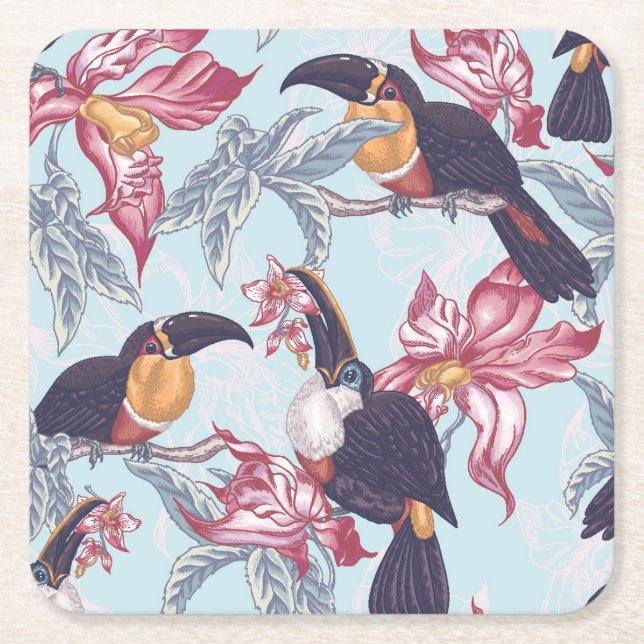 Dessous-de-verre Carré En Papier Toucans avec les fleurs exotiques (Devant)