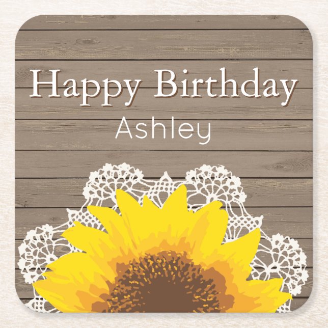 Dessous-de-verre Carré En Papier Tournesol, dentelle et bois personnalisés (Devant)