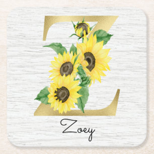 Dessous-de-verre Carré En Papier Tournesol d'or monogramme Floral Z initial