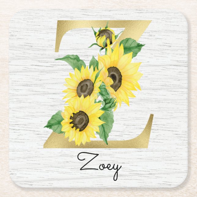Dessous-de-verre Carré En Papier Tournesol d'or monogramme Floral Z initial (Devant)