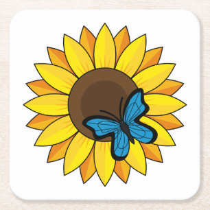 Dessous-de-verre Carré En Papier Tournesol et Papillon Bleu
