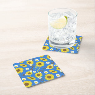 Dessous-de-verre Carré En Papier Tournesol jaune fond bleu fleur floral