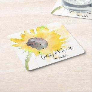 Dessous-de-verre Carré En Papier Tournesol jaune sur Mariage d'aquarelle blanche