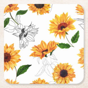 Dessous-de-verre Carré En Papier Tournesols dessinés à la main : motif jaune vif.