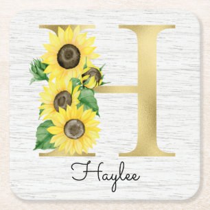 Dessous-de-verre Carré En Papier Tournesols dorés monogrammés initiale H