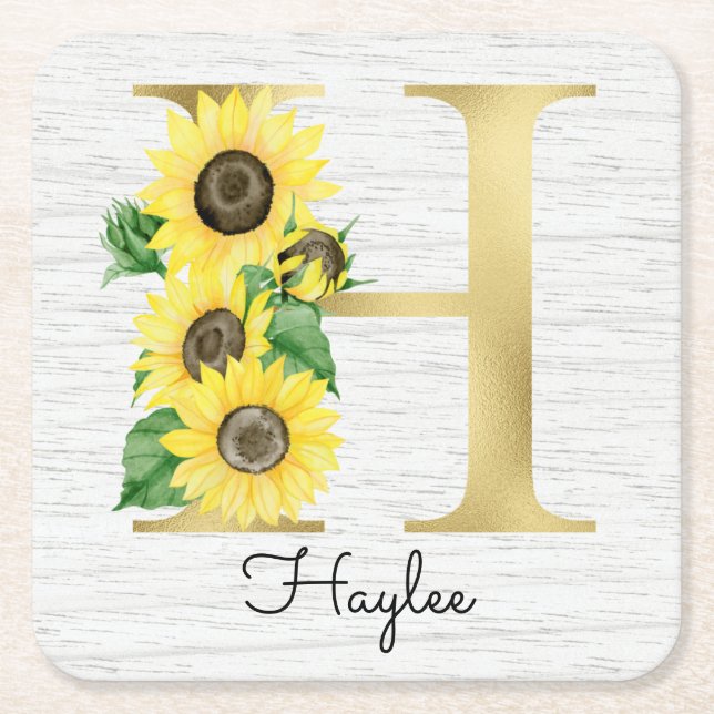 Dessous-de-verre Carré En Papier Tournesols en or monogramme H initial (Devant)