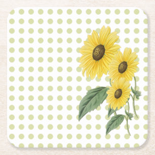 Dessous-de-verre Carré En Papier Tournesols et pois verts clairs sur blanc personna