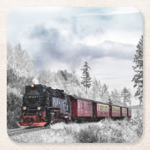 Dessous-de-verre Carré En Papier Train Locomotive à vapeur traversant la neige