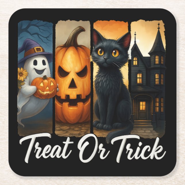 Dessous-de-verre Carré En Papier "Treat or Trick" Halloween Brush Stroke Chat (Devant)