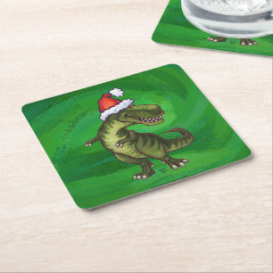 Dessous-de-verre Carré En Papier TRex à Santa Hat sur Green