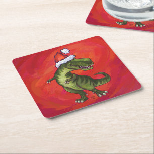 Dessous-de-verre Carré En Papier TRex Dino à Santa Hat sur Red