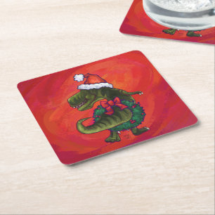 Dessous-de-verre Carré En Papier TRex Dino à Santa Hat sur Red