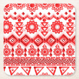 Dessous-de-verre Carré En Papier Tribus rouge, motif ethnique aquarelle.