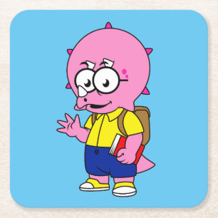 Dessous-de-verre Carré En Papier Tricératops Nerd Avec Sac À Dos Et Manuel.