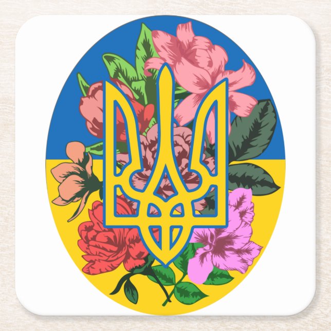 Dessous-de-verre Carré En Papier Trident ukrainien et drapeau de l'Ukraine avec des (Devant)