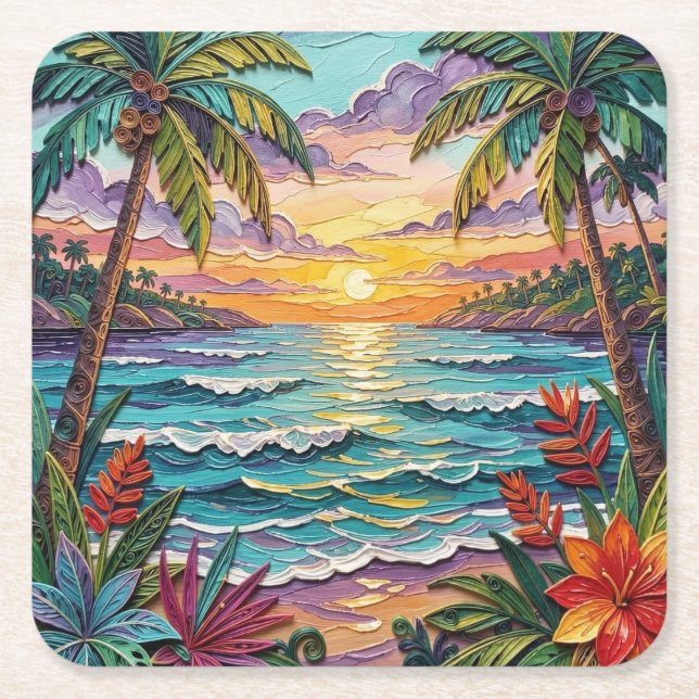 Dessous-de-verre Carré En Papier Tropical Paradise | Coastal Beach Scene Impasto (Devant)