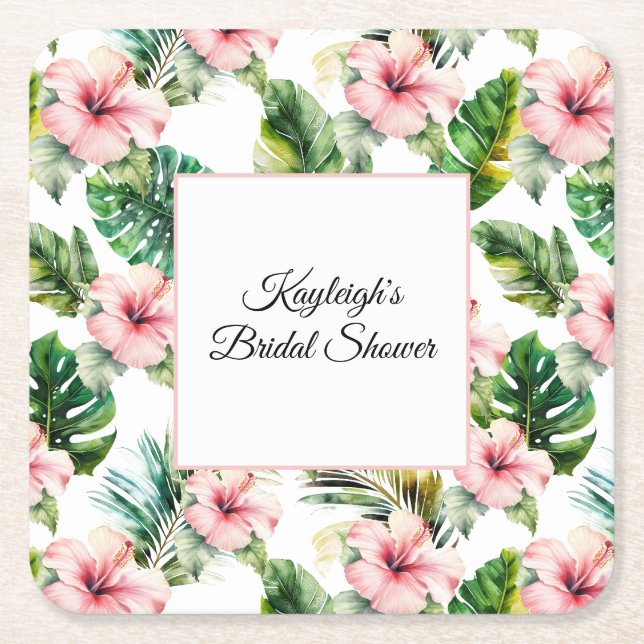 Dessous-de-verre Carré En Papier Tropical Pink Hibiscus Floral Bridal Shower   (Devant)