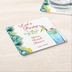 Dessous-de-verre Carré En Papier Tropical Summer Blue Cocktail 50e anniversaire 
