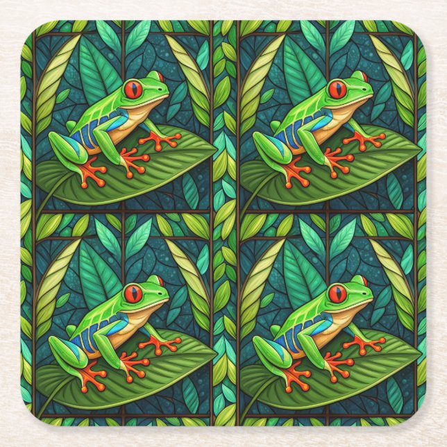 Dessous-de-verre Carré En Papier Tropical-themed coasters with vibrant green leaves (Devant)